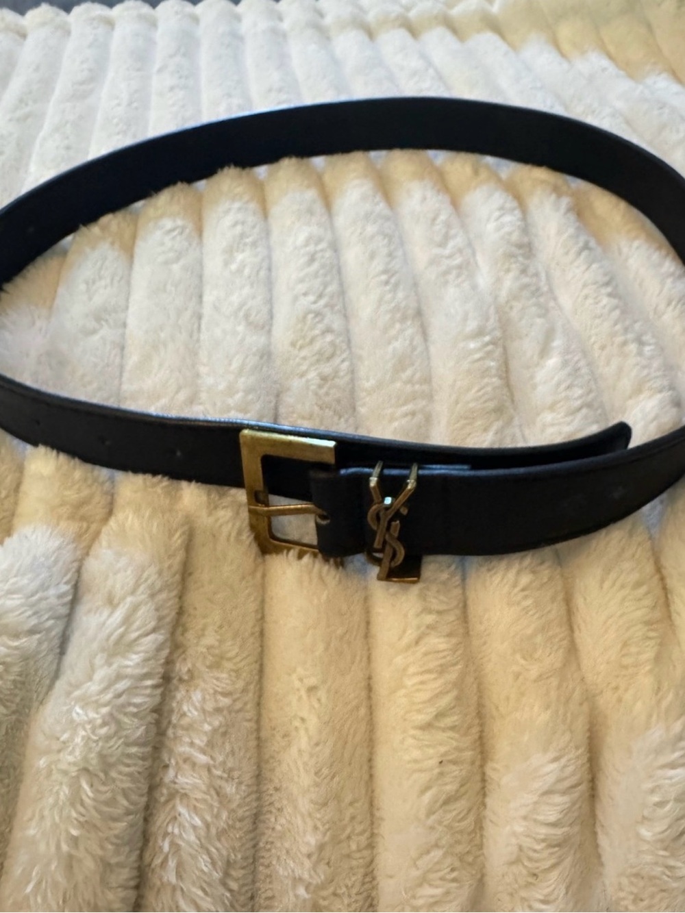 Yves Saint Laurent Black Leather Belt with Gold YSL Charm Buckle